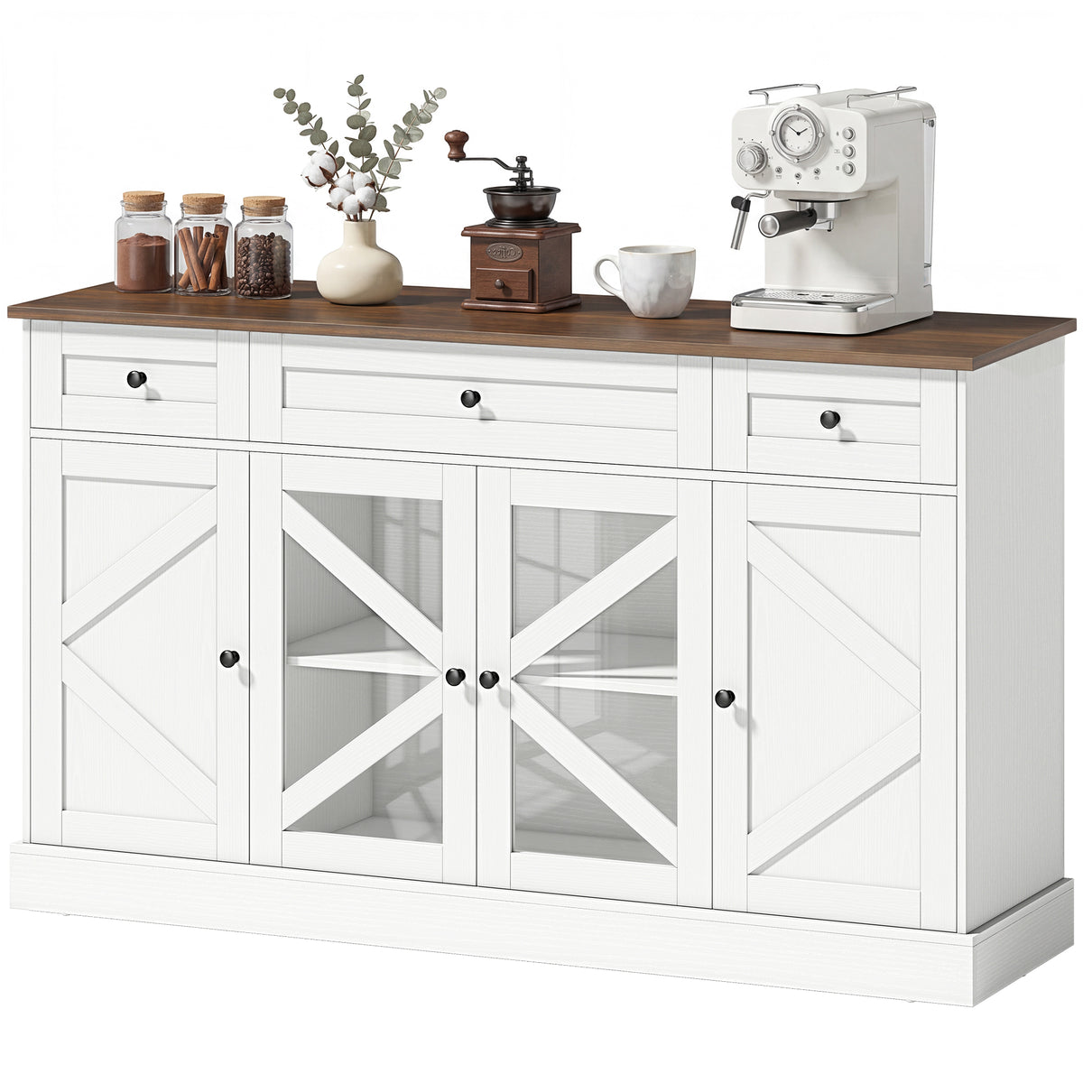 Farmhouse Kitchen Storage Cabinet with Acrylic Barn Doors and 3 Drawers – 54"W x 31"H