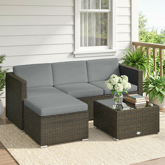 3 Pieces Patio Furniture Set with Cushions, Outdoor PE Rattan Wicker Conversation Corner Sofa Set with Glass Top Table – Brown, Light Grey