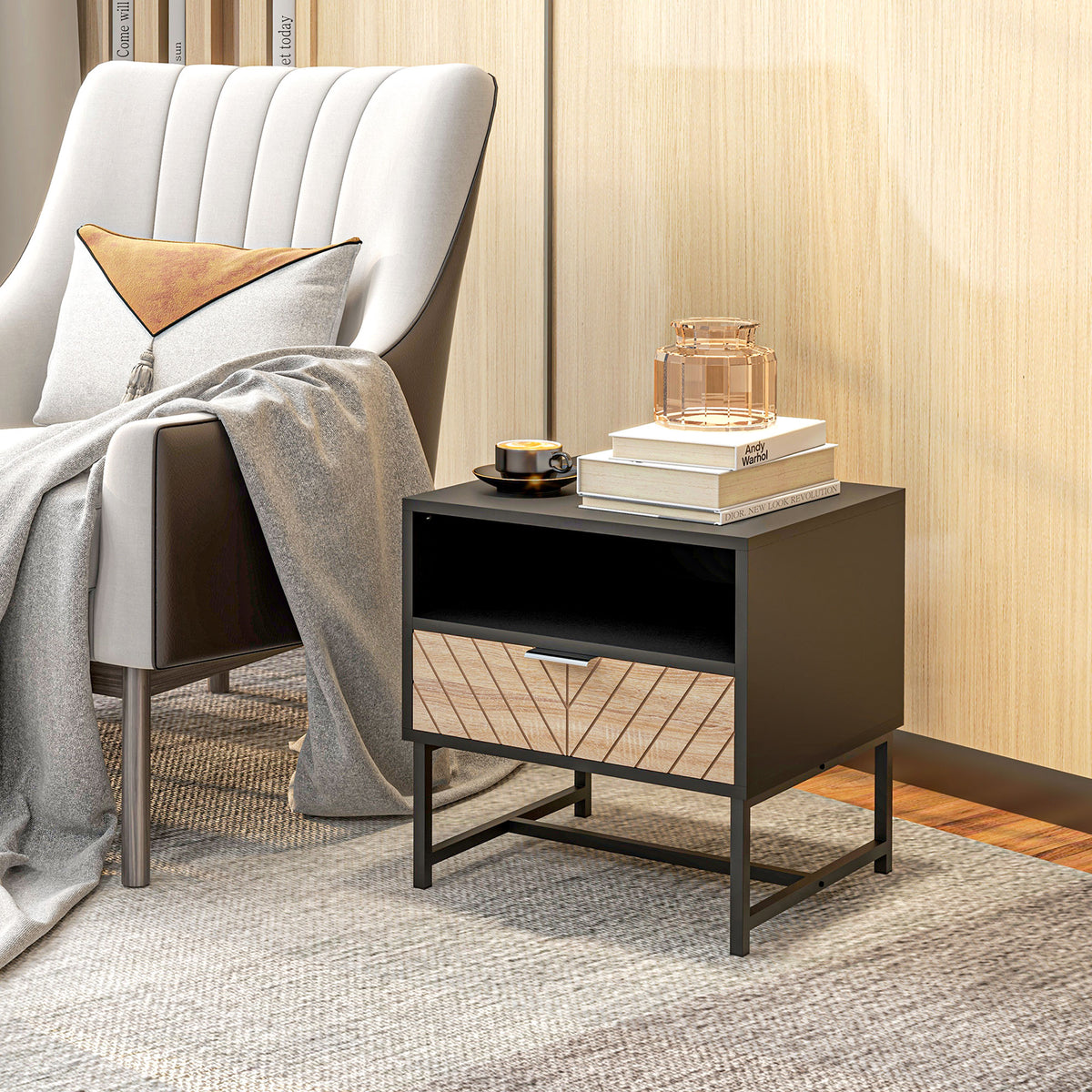 Two-Tone Bedside Table with Drawer and Shelf – 18"W x 19"H