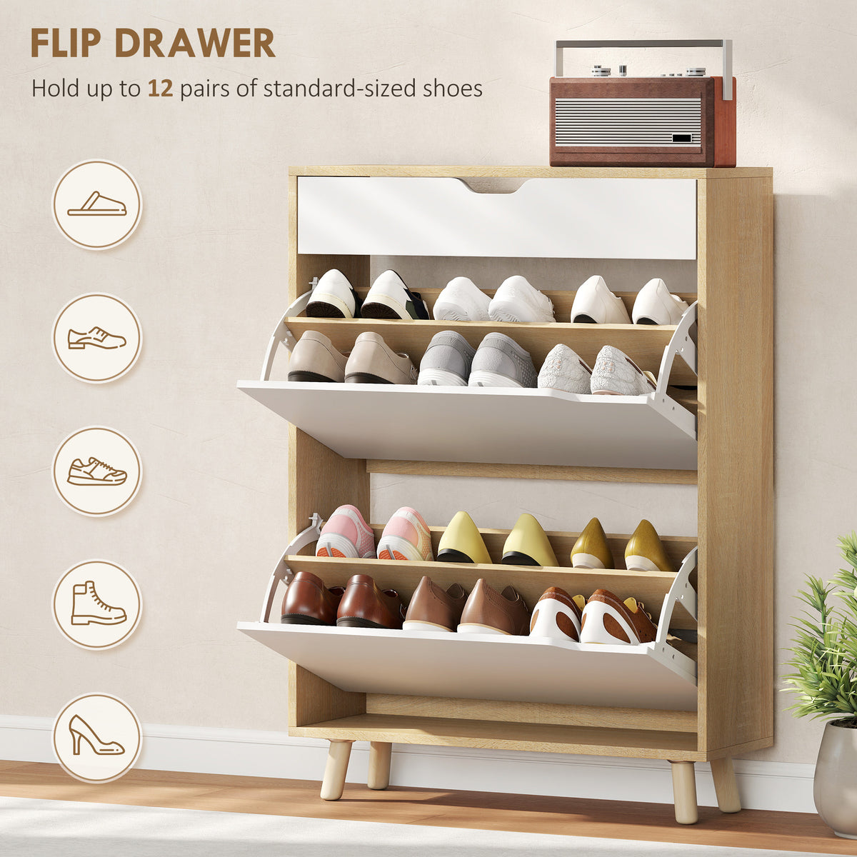 Narrow Shoe Cabinet for Entryway with 2 Flip Drawers – 28"W x 39"H