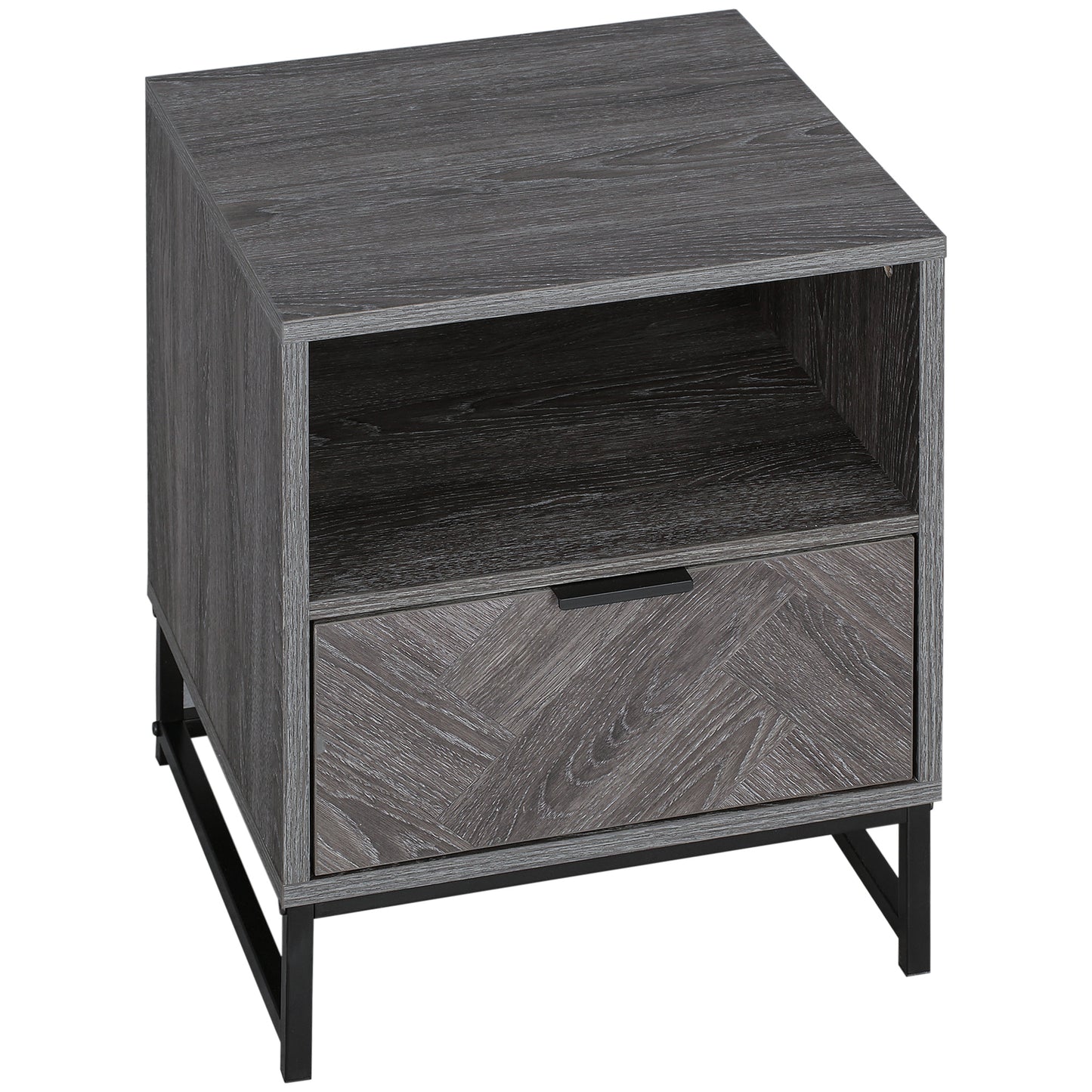 HOMCOM Modern Dark Grey Bedside Table with Drawer and Open Shelf Storage