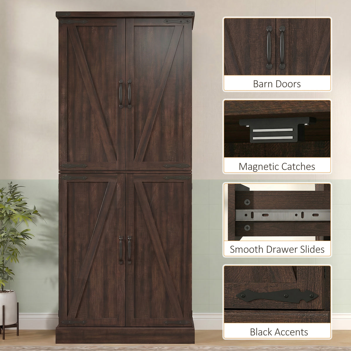 Farmhouse Storage Cabinet with 8 Door Racks and Adjustable Shelves – 30"W x 72"H