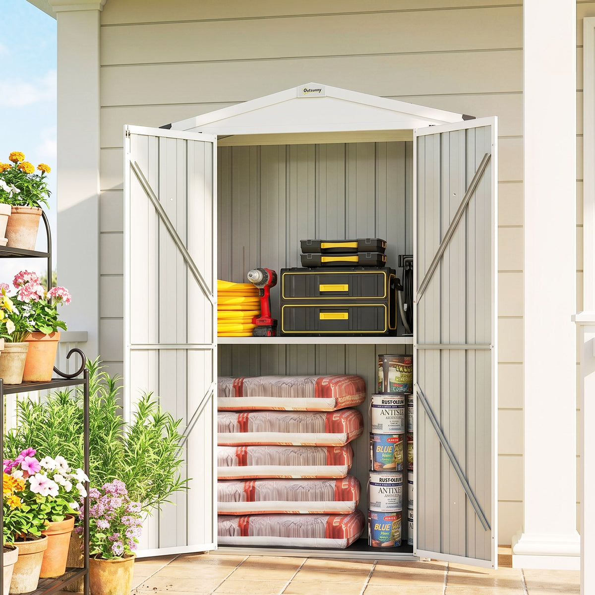 Outdoor Storage Shed Apex Roof Metal Garden Shed with Shelf for Backyard