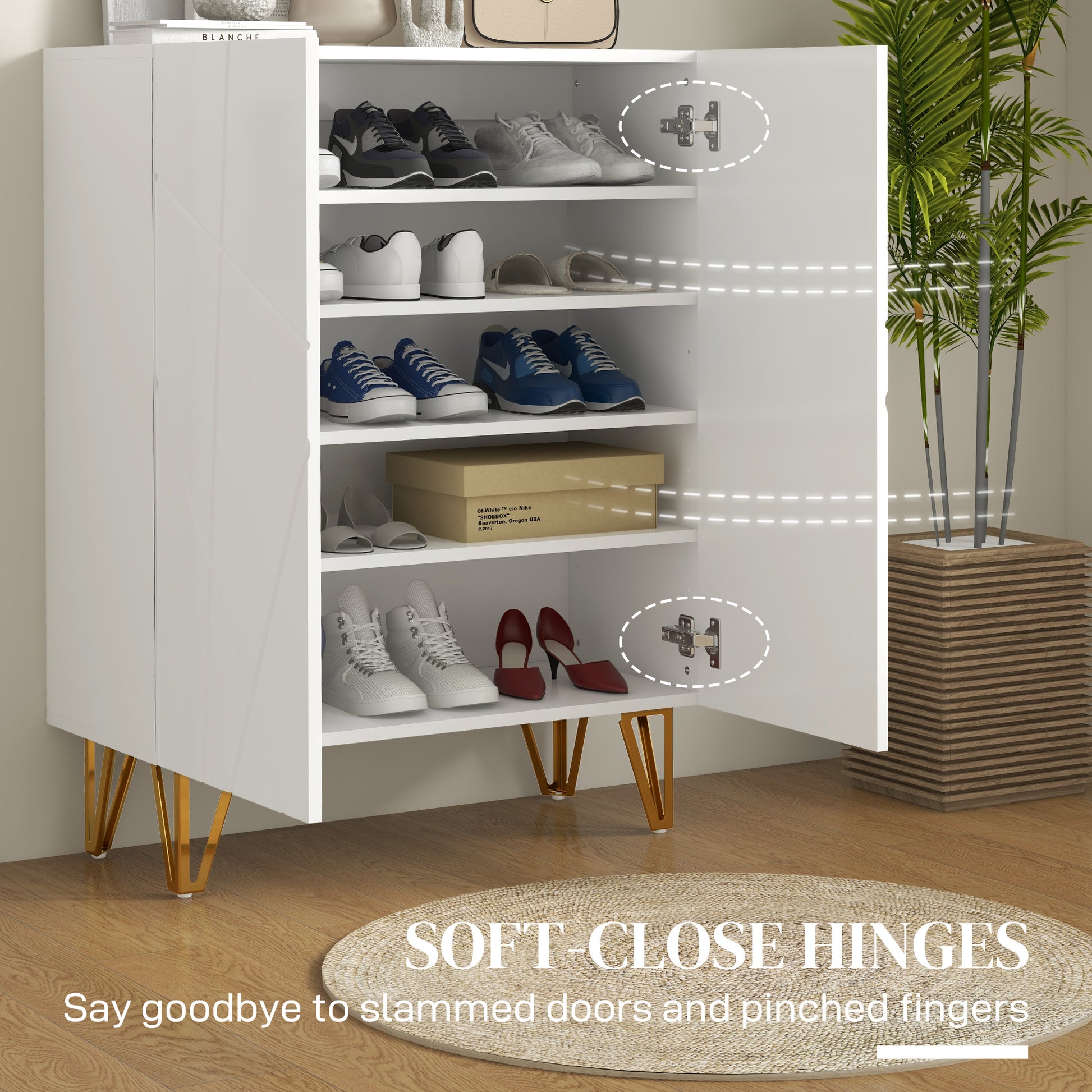 HOMCOM Narrow High Gloss White Shoe Cabinet with Soft-Close Adjustable Shelves