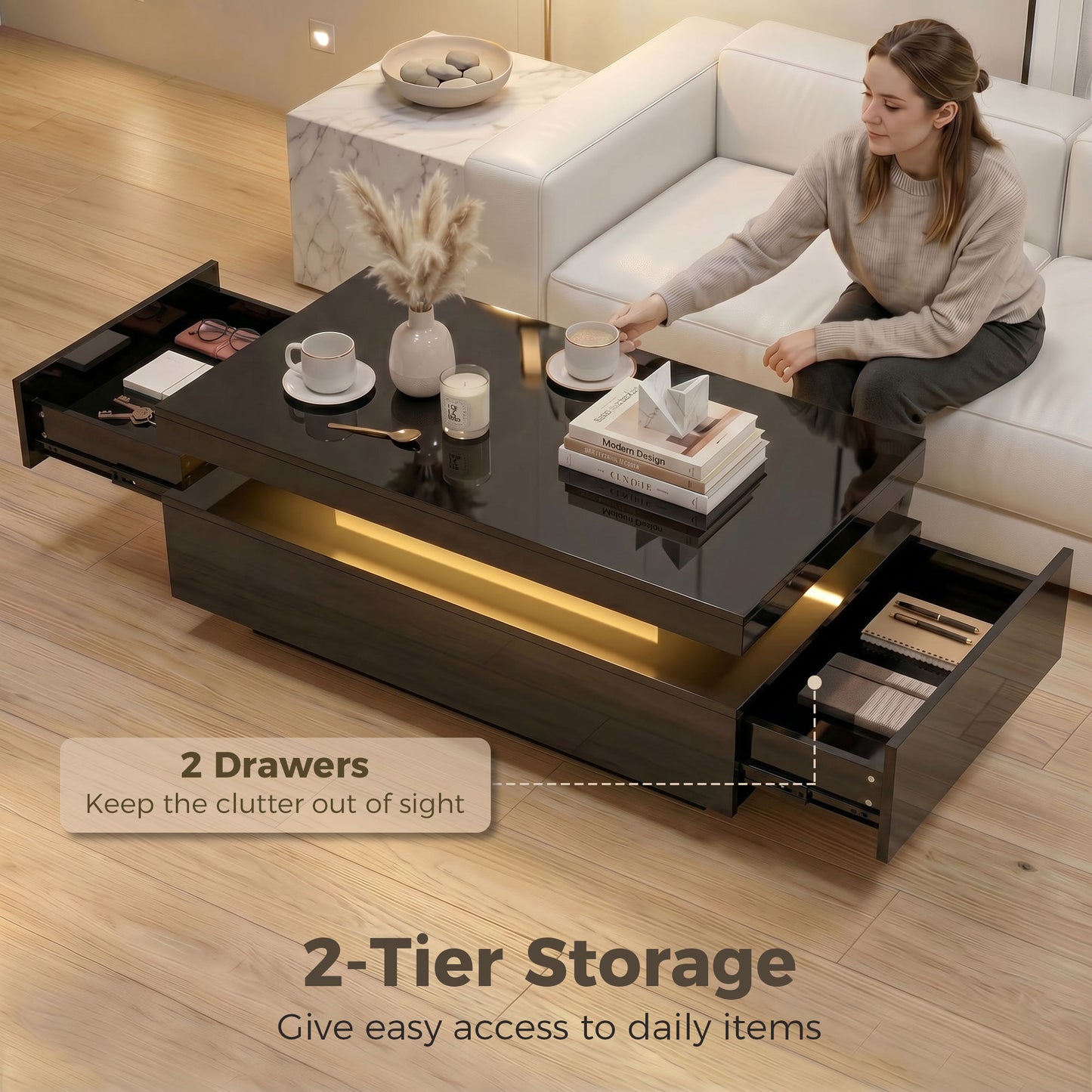 HOMCOM LED Coffee Table High Gloss Black