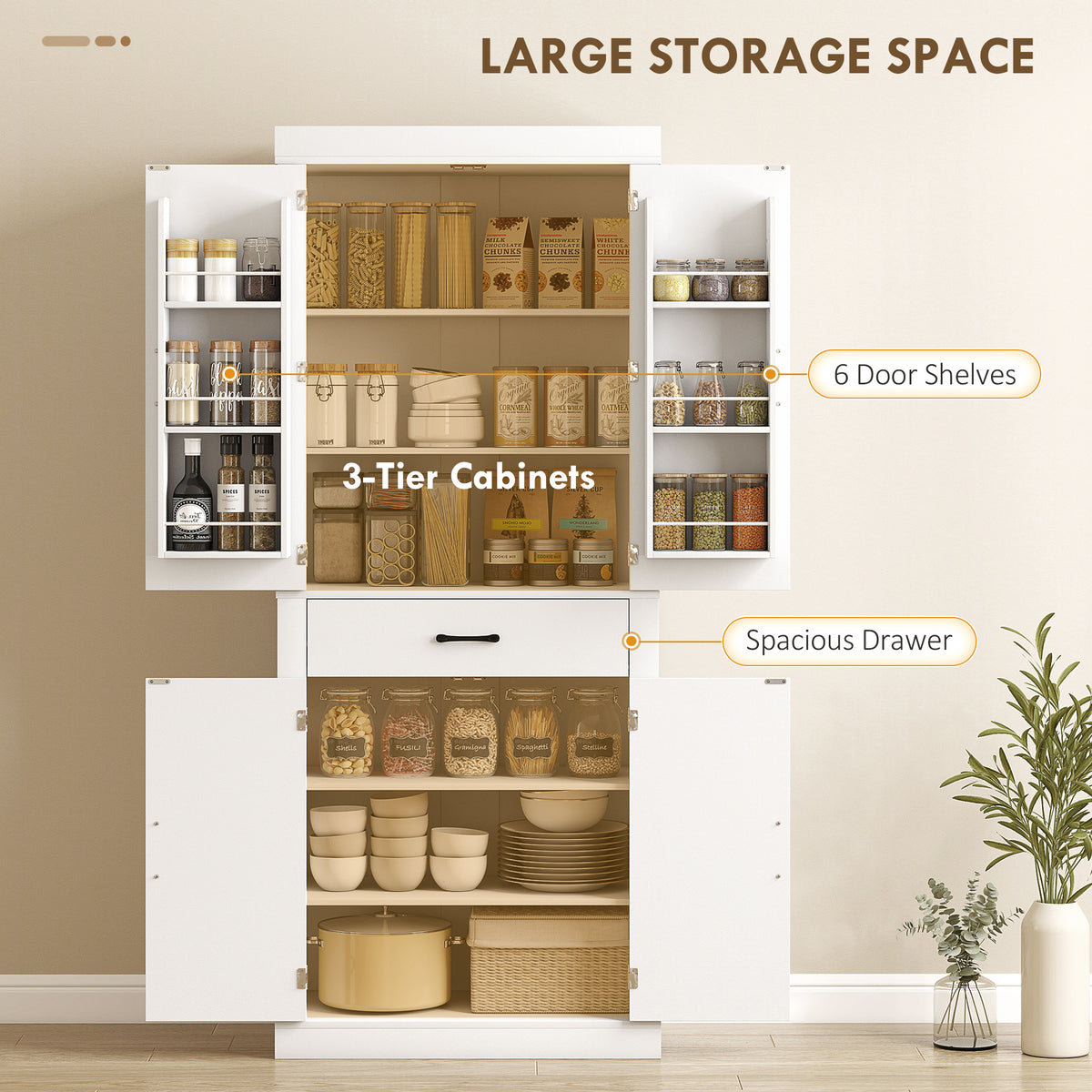 Farmhouse Kitchen Storage Cabinet with 4 Barn Doors – 30"W x 72"H