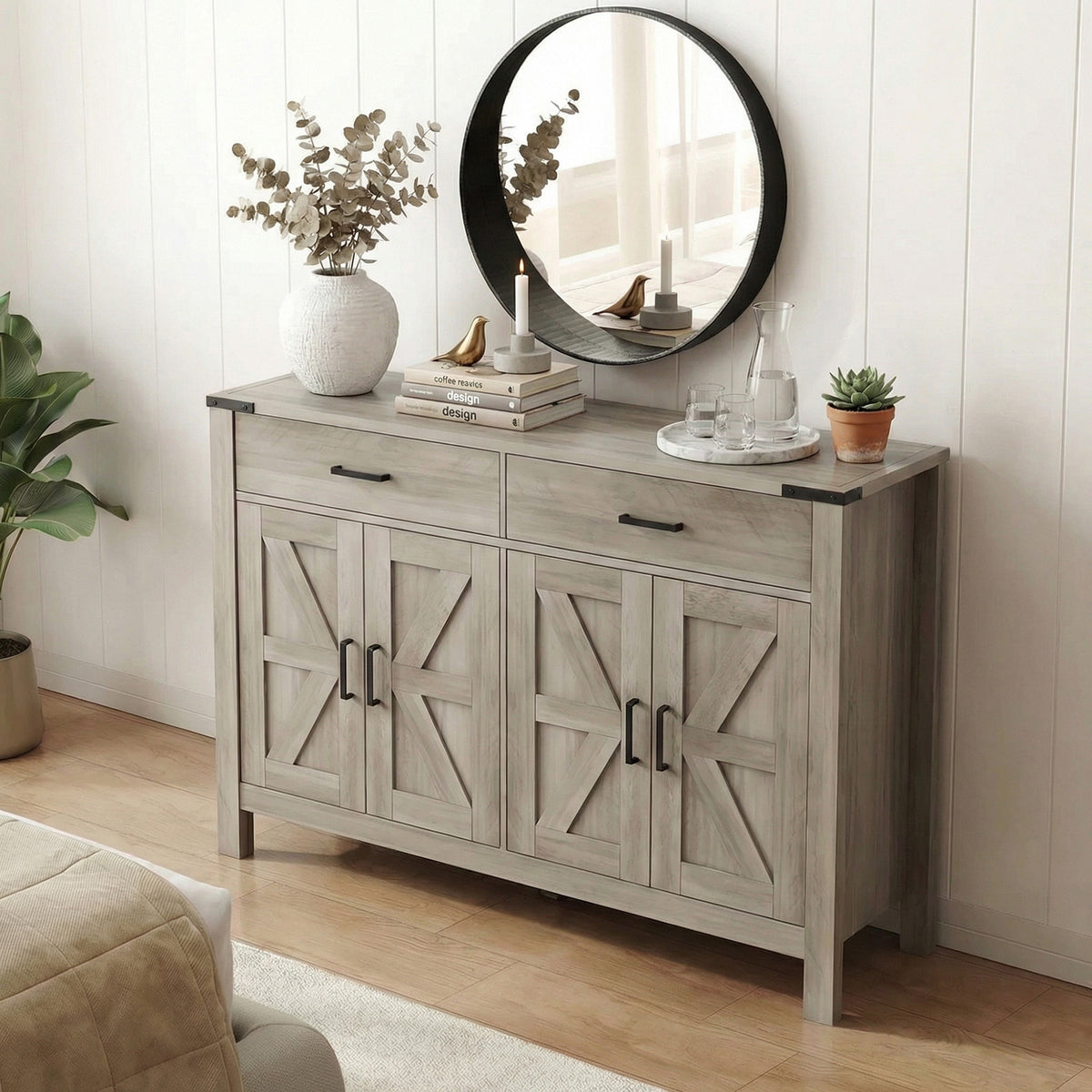 Farmhouse Kitchen Storage Cabinet with 2 Drawers and Shelves – 47"W x 33"H