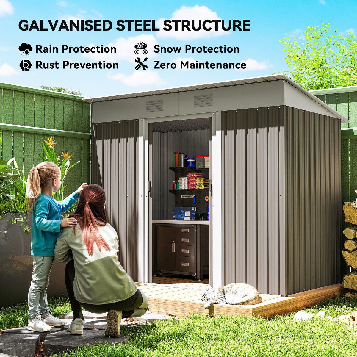 7' x 3.6' Outdoor Storage Shed, Metal Garden Tool Storage House Organizer with Lockable Sliding Doors and Vents for Backyard Patio Lawn – Light Grey