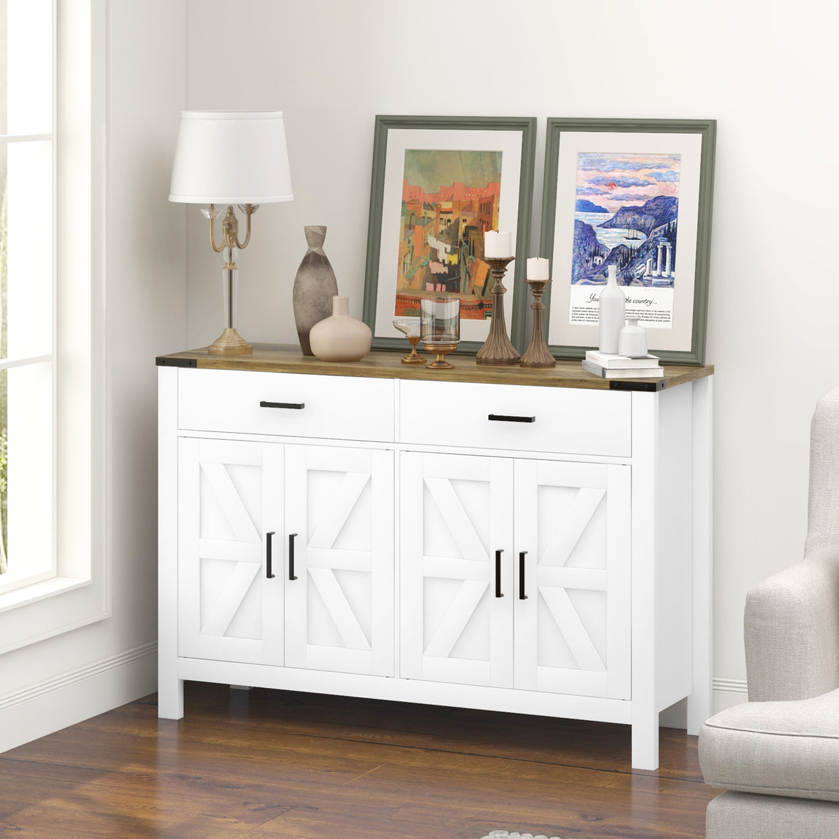 Farmhouse Kitchen Storage Cabinet with 2 Drawers and Shelves – 47"W x 33"H
