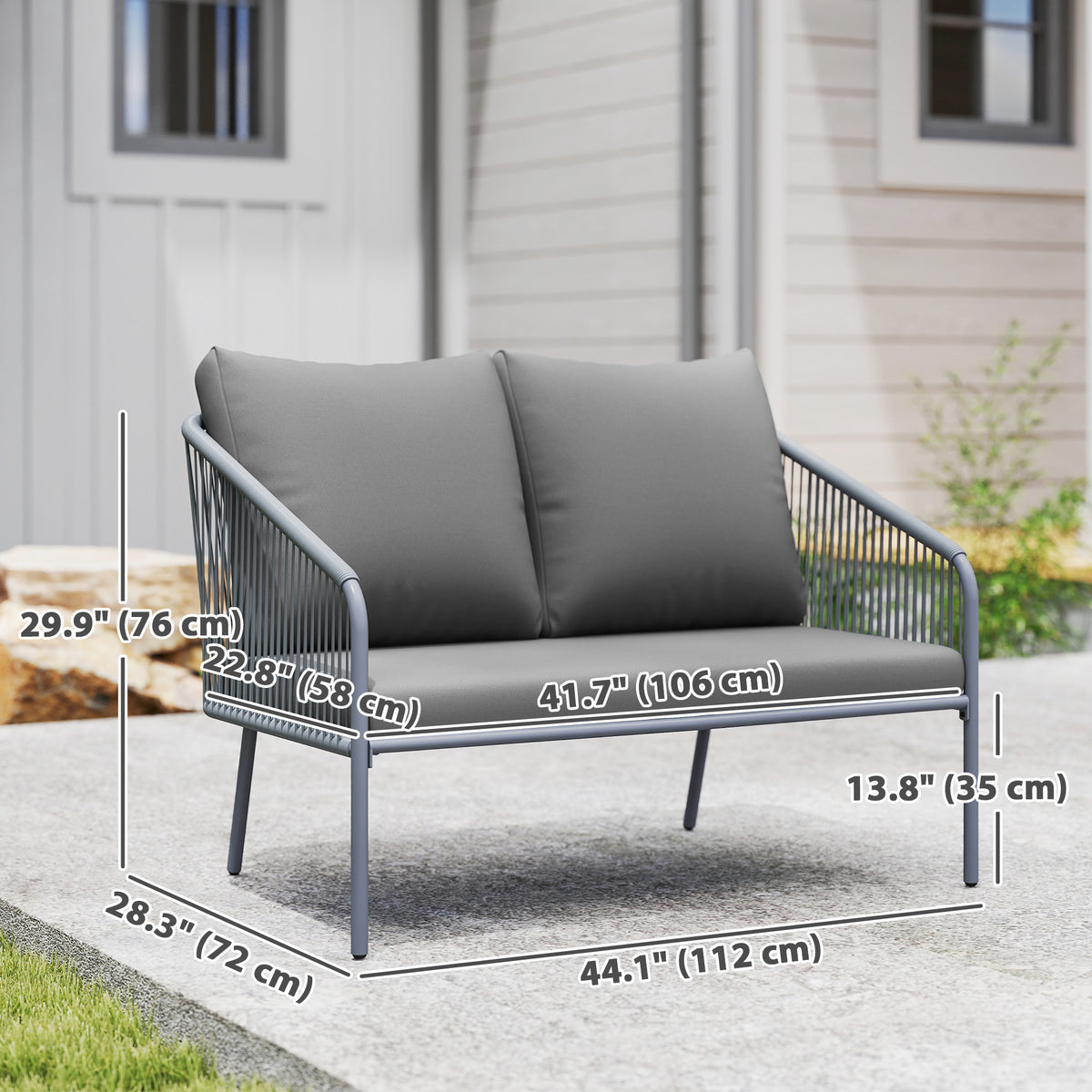 Garden Sofa with Cushions, 2-Seater Outdoor Balcony Rattan Sofa, 112 x 72 x 76 cm
