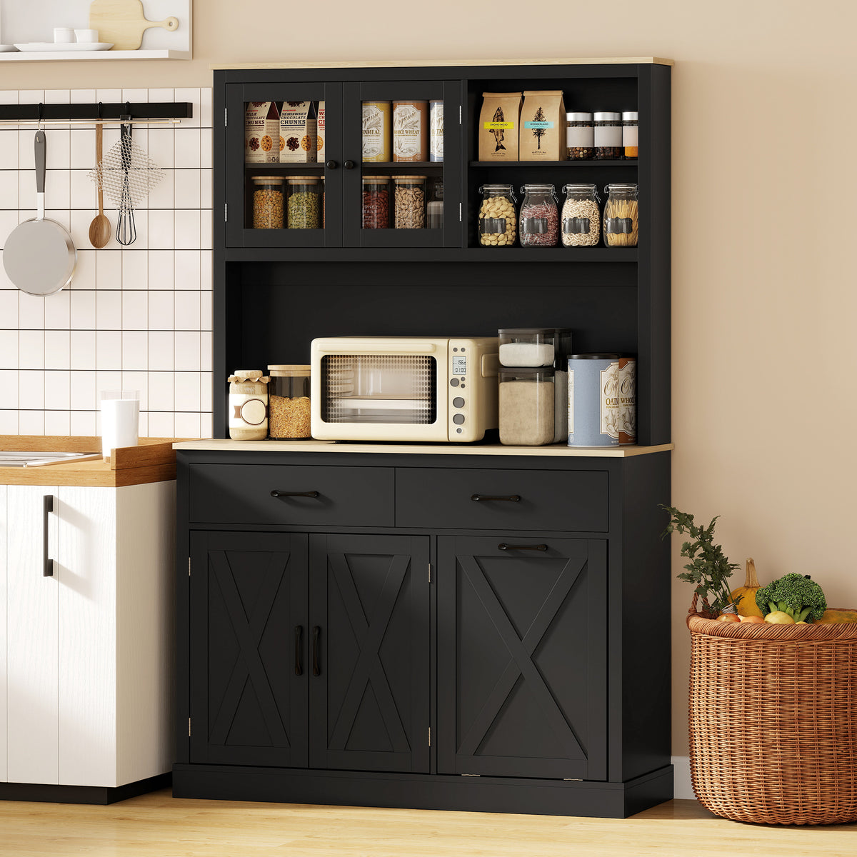 Kitchen Pantry with Charging Station, Microwave Stand and Trash Can Cabinet – 44"W x 69"H