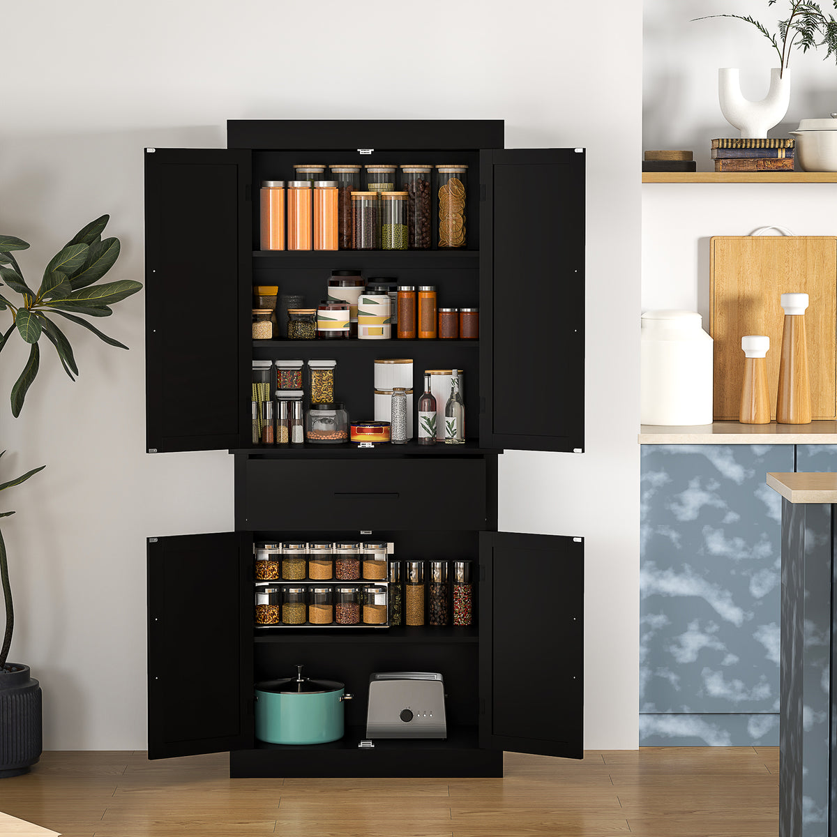 Farmhouse Kitchen Pantry Cabinet with 4 Barn Doors – 30"W x 72"H