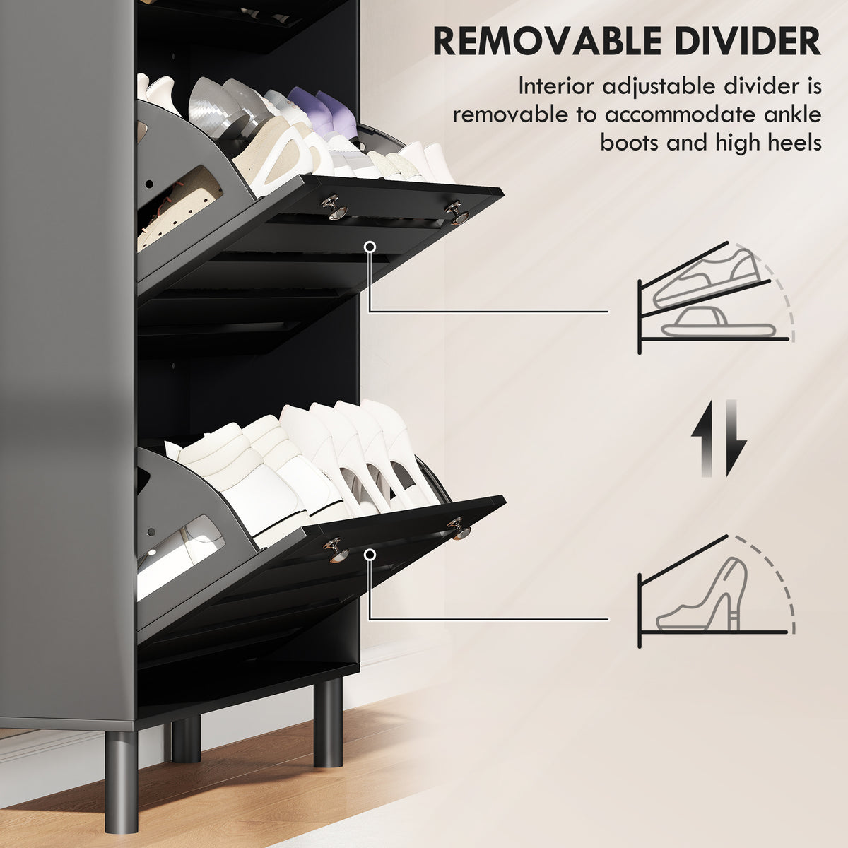 Narrow Shoe Cabinet with 3 Flip Drawers – 31"W x 48"H