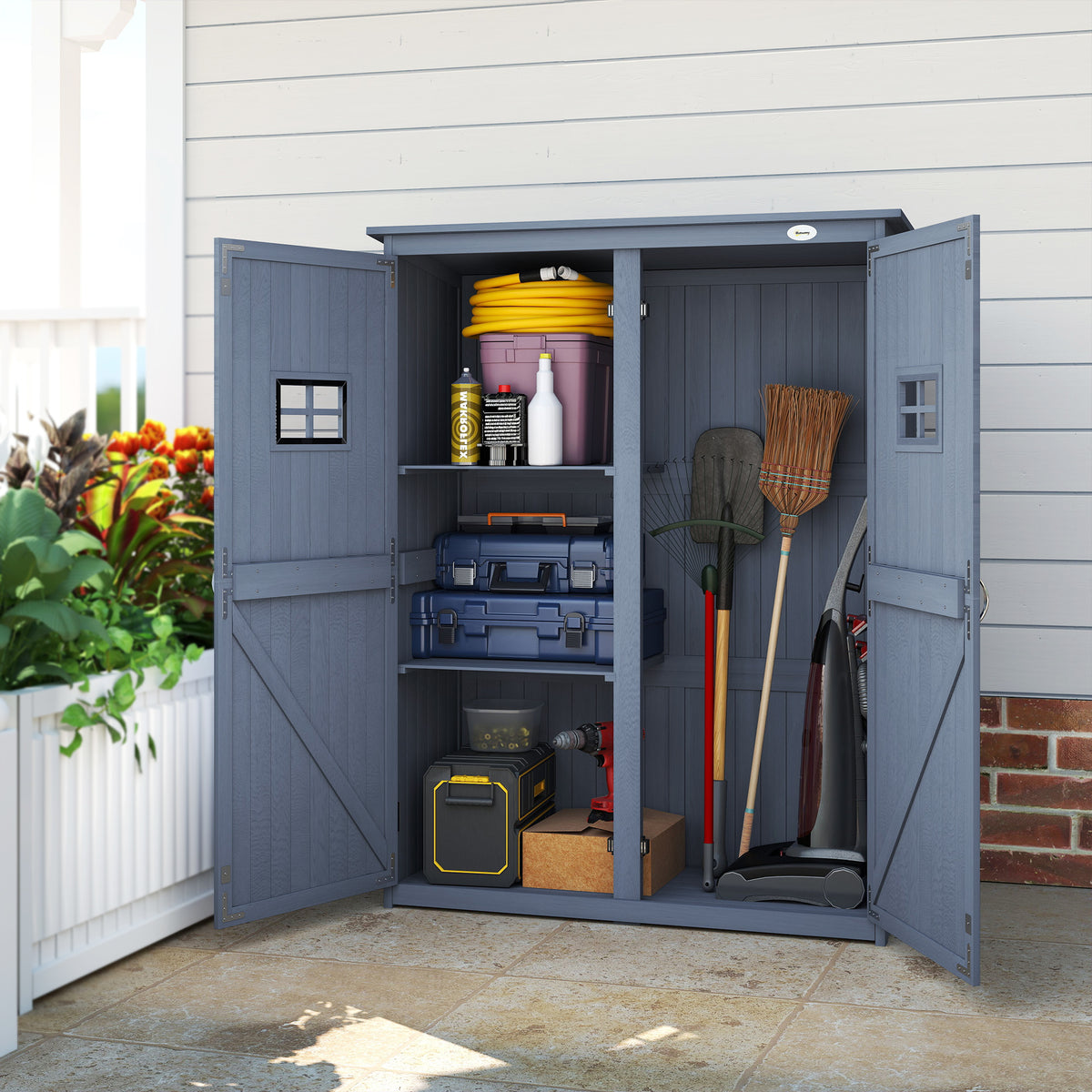 4' x 1.5' Wooden Garden Storage Shed, Outdoor Tool Cabinet Organizer with Windows and Double Door – Dark Grey