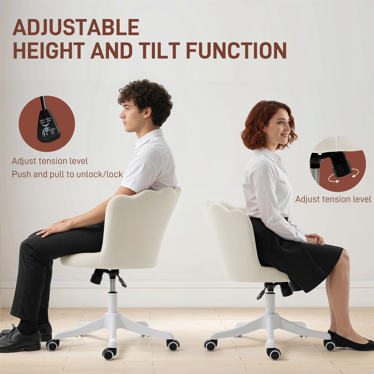 Office Chair, Armless Swivel Desk Chair with Adjustable Height, Backrest, Cream