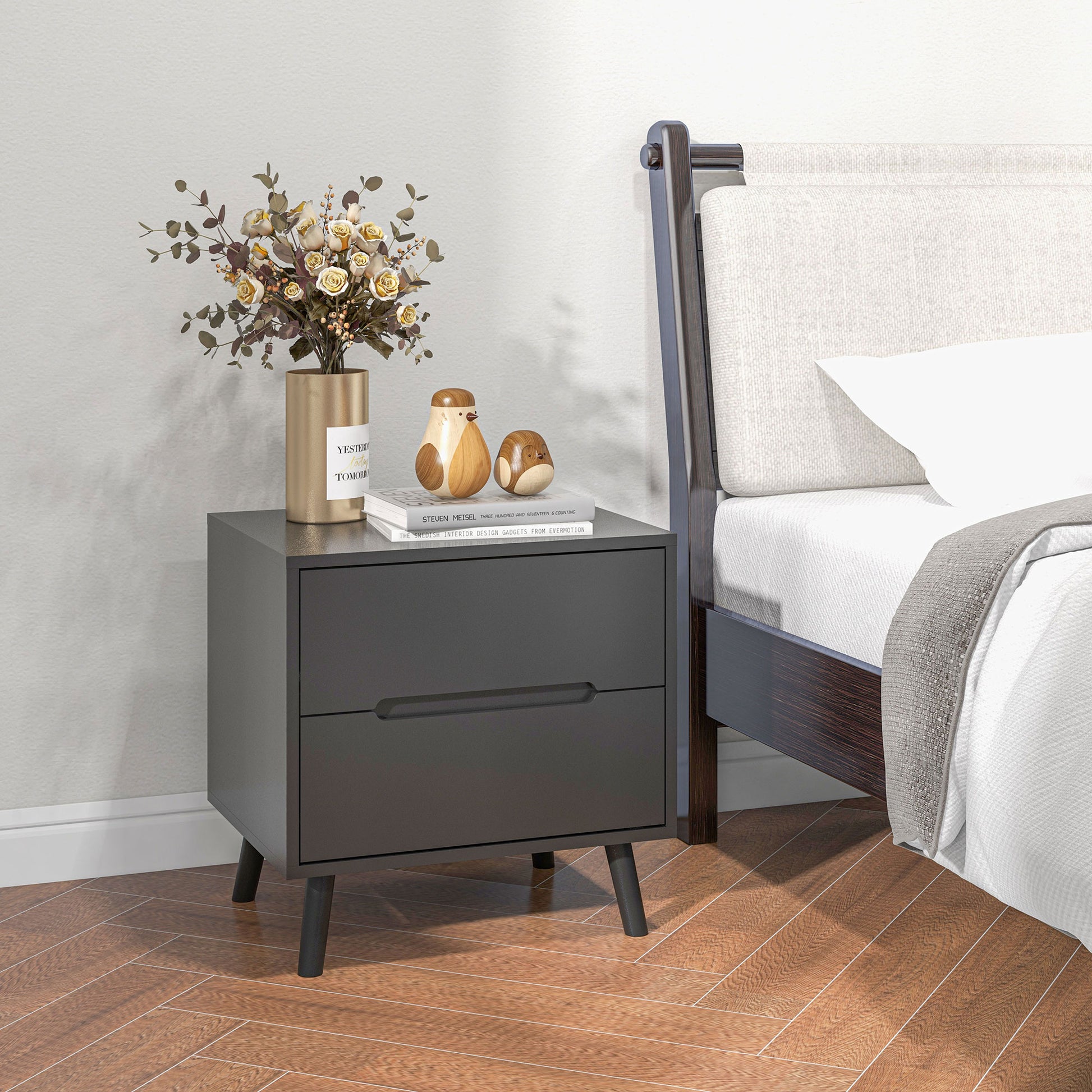 HOMCOM Modern Bedroom Nightstand with 2 Drawers, Solid Wood Legs End Table