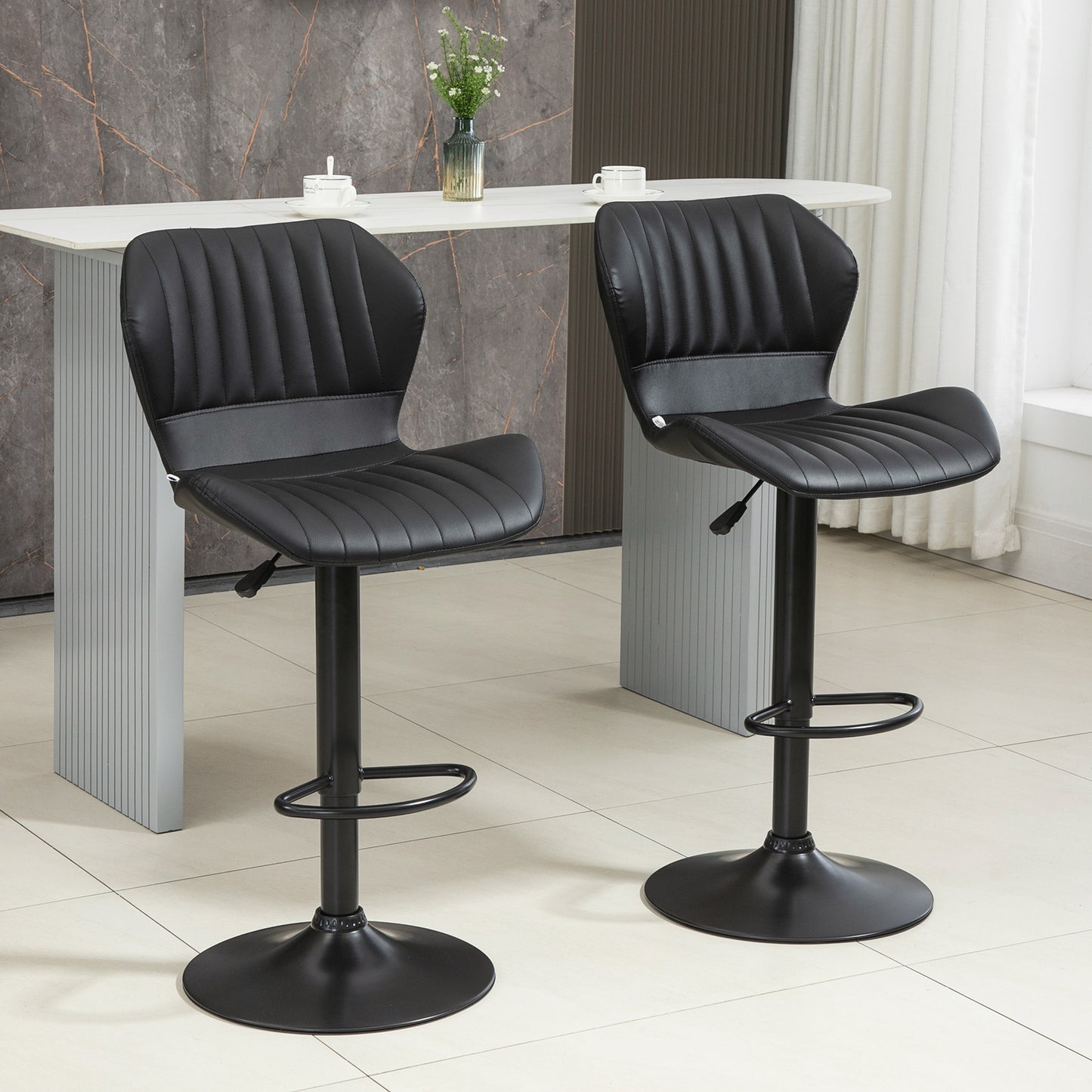 HOMCOM Adjustable Swivel Bar Stools Set of 2, Tufted Fabric, Armrests, Footrest