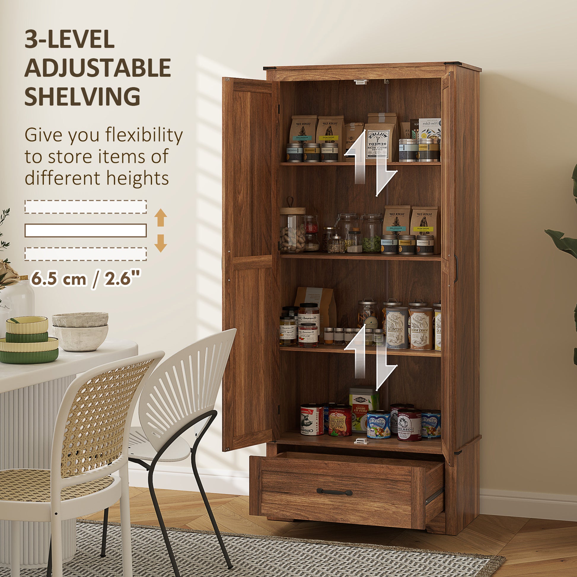 HOMCOM 72" Farmhouse Pantry Cabinet with Adjustable Shelves, Brown