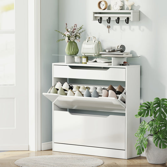 HOMCOM White High Gloss Shoe Cabinet with Adjustable Flip Drawers
