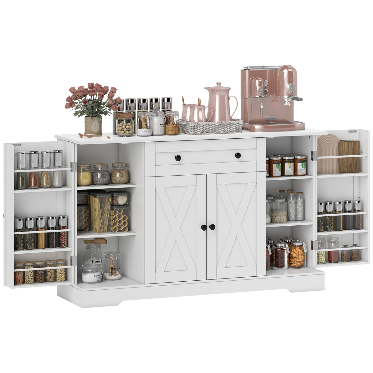 Farmhouse Sideboard with Barn Doors and Door Shelves – 54"W x 33"H