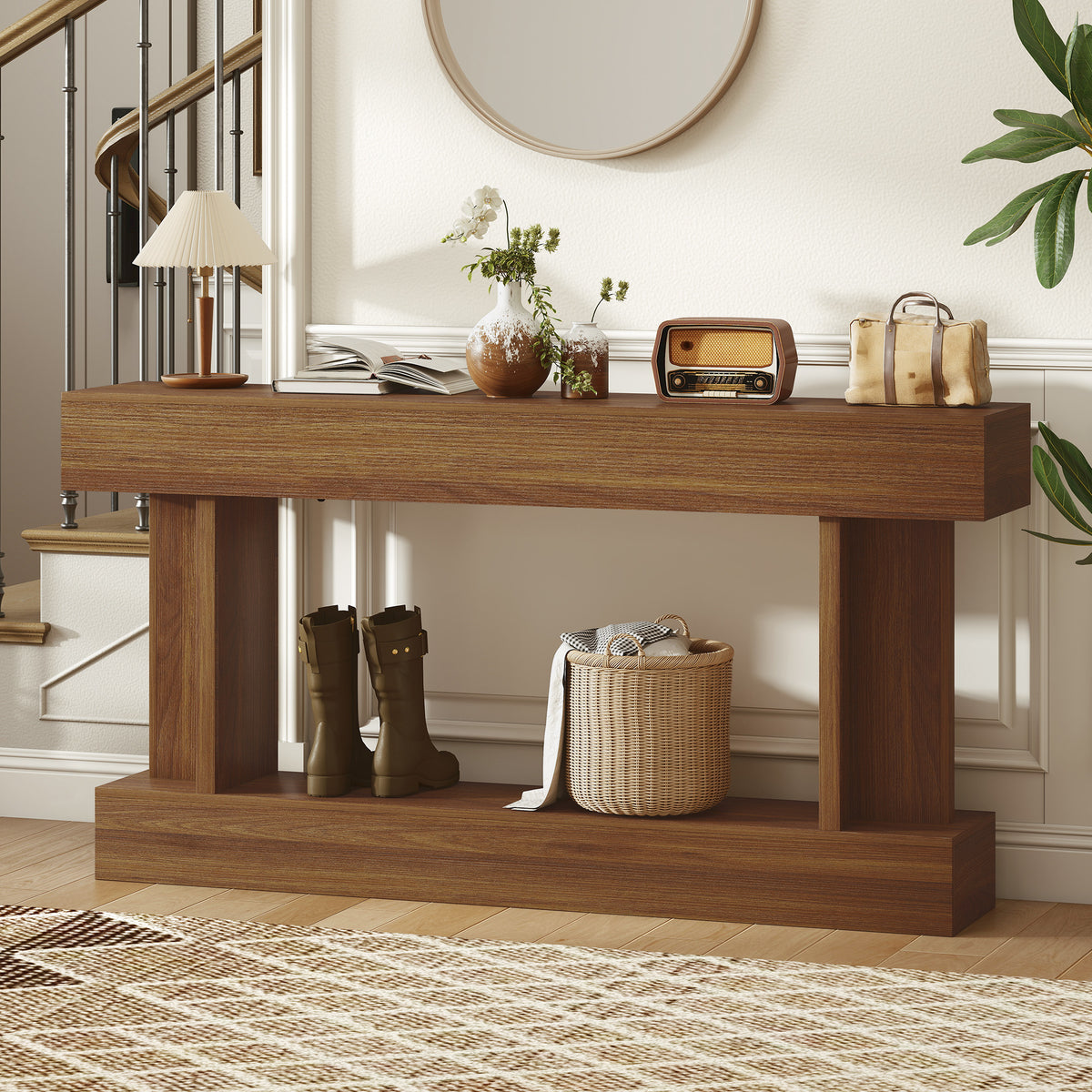 63" Long Vintage Console Table with Storage Shelf, Dark Brown
