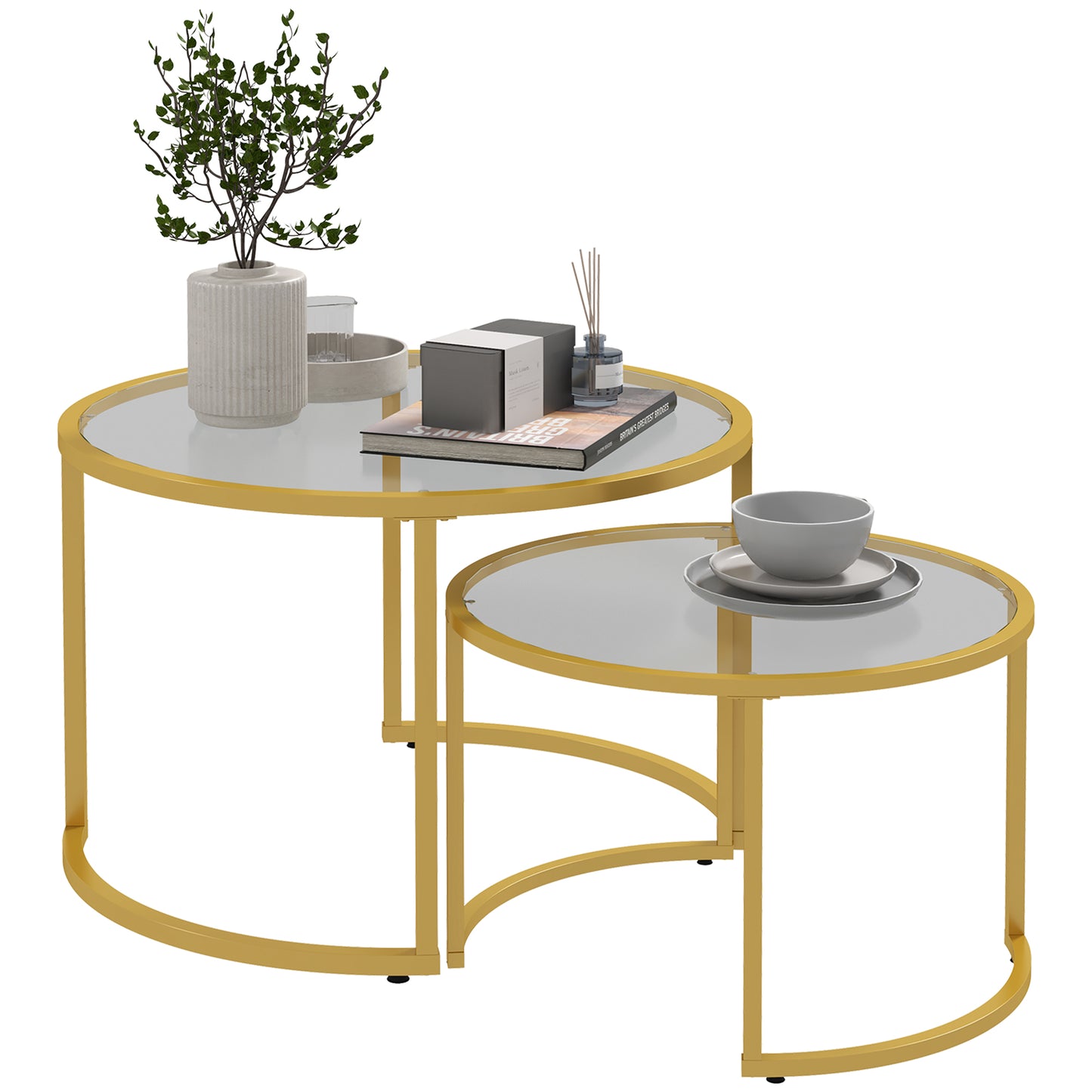 HOMCOM Modern Round Nesting Coffee Table Set - Tempered Glass & Gold Steel Frame