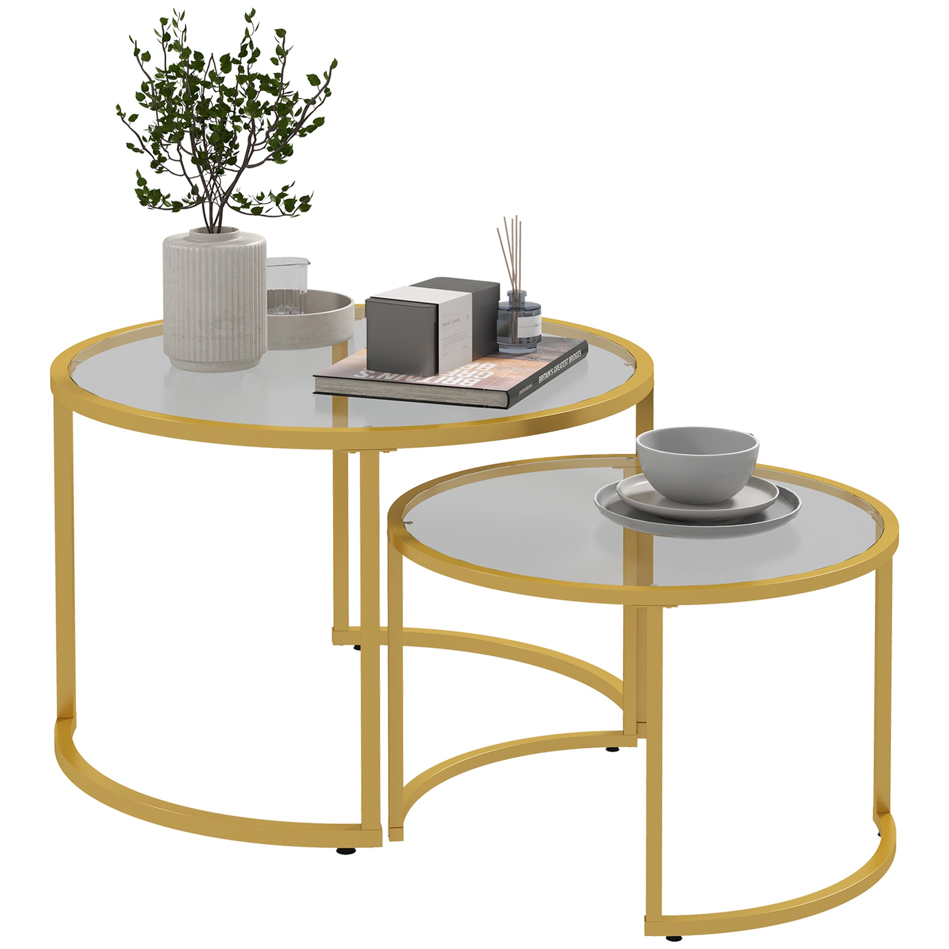 HOMCOM Modern Round Nesting Coffee Table Set - Tempered Glass & Gold Steel Frame