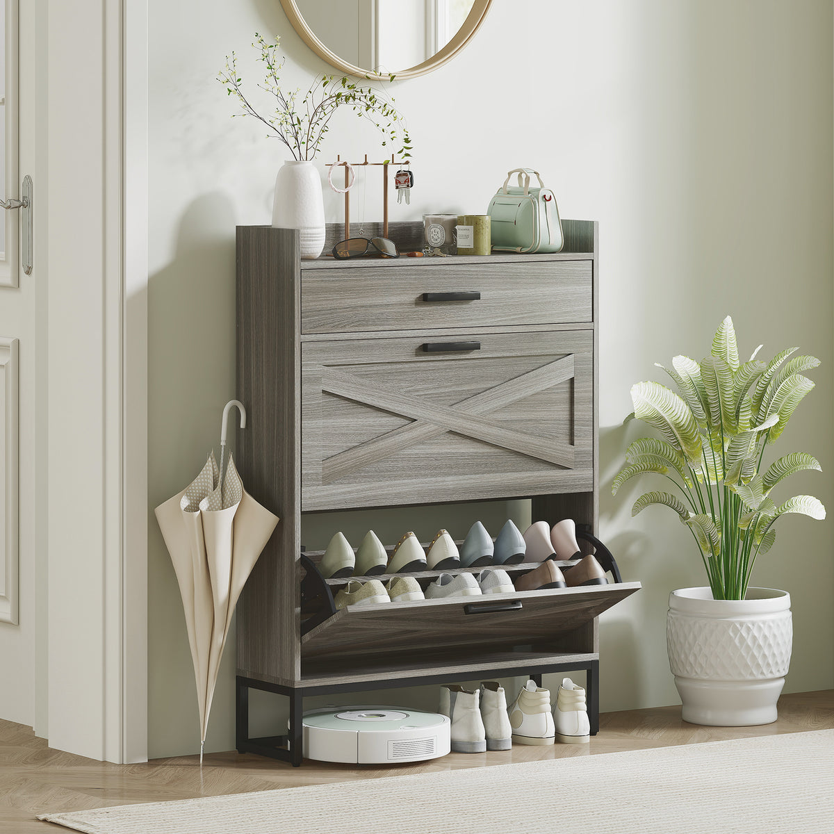 Slim Shoe Storage with 2 Flip Drawers and Adjustable Shelves – 32"W x 45"H