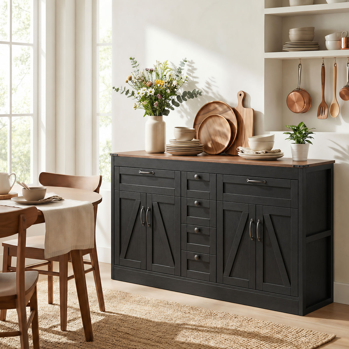 Farmhouse Kitchen Cabinet with 4 Barn Doors – 55"W x 32"H