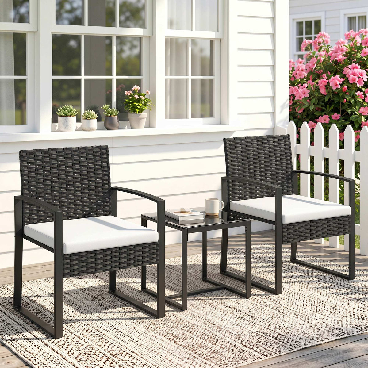Outdoor Bistro Set, 3 Piece Wicker Patio Furniture Set with Glass Top Table and Cushions for Porch, Balcony – Cream White