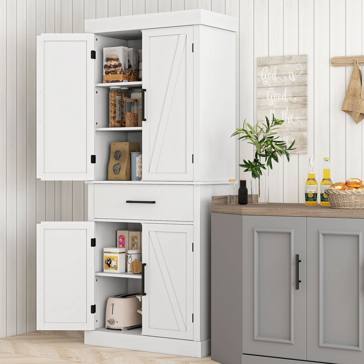 Farmhouse Kitchen Pantry Cabinet with 4 Barn Doors – 30"W x 72"H