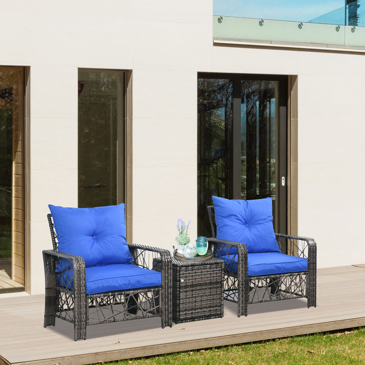 3 Pieces Wicker Patio Furniture Set, Rattan Bistro Set with Storage Coffee Table and Thickened Cushions, Outdoor Conversation Set for Garden, Porch, Balcony