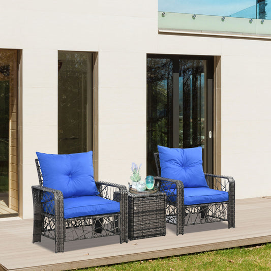 3 Pieces Wicker Patio Furniture Set, Rattan Bistro Set with Storage Coffee Table and Thickened Cushions, Outdoor Conversation Set for Garden, Porch, Balcony
