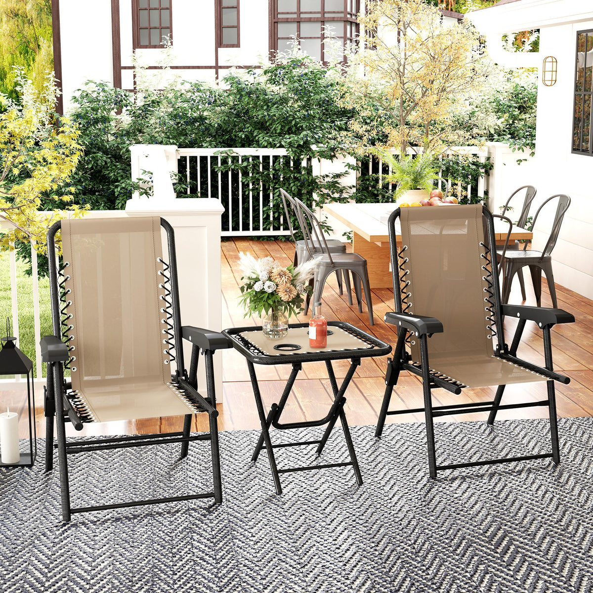 3 Pieces Patio Bistro Set, Outdoor Folding Table and Chairs Set, Metal Patio Furniture Set with Cup Holders – Khaki