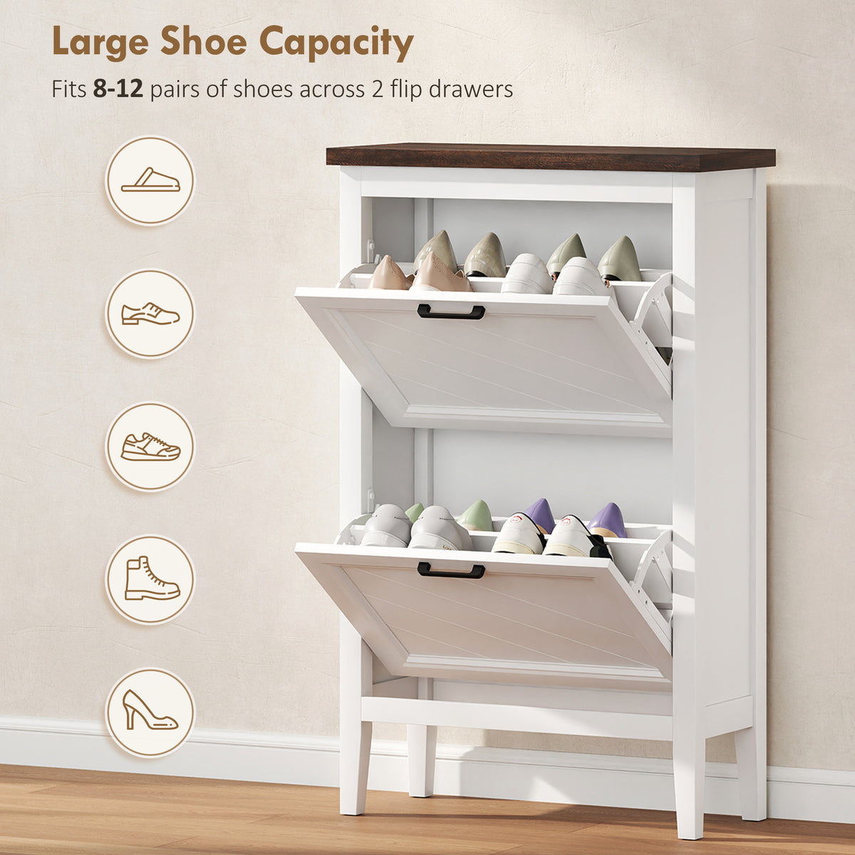 Shoe Cabinet with 2 Flip Drawers – 24"W x 38"H