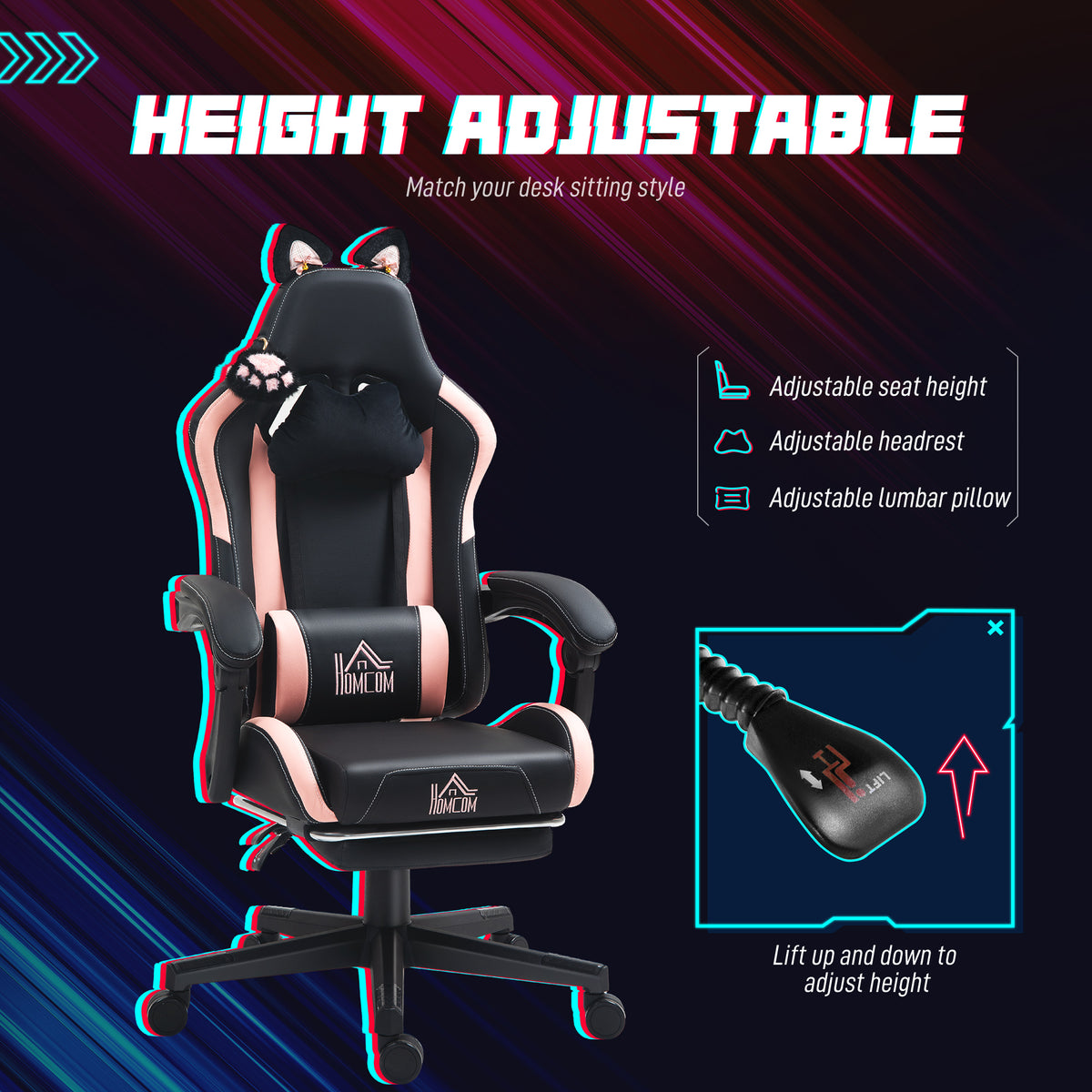 Cute Racing Gamer Chair, Faux Leather Gaming Chair with Footrest, Black