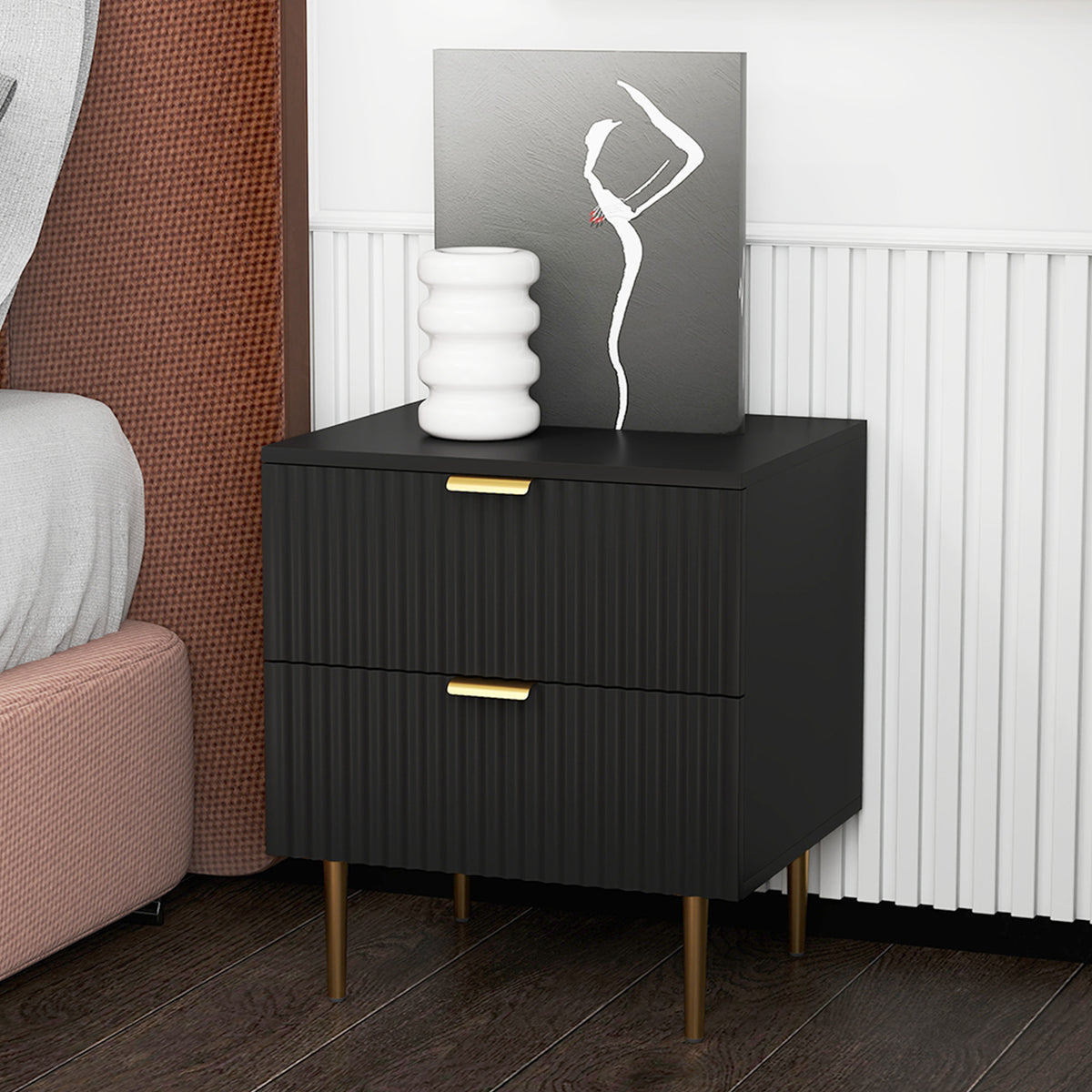 Modern 2-Drawer Nightstand with Metal Legs – 19"W x 22"H