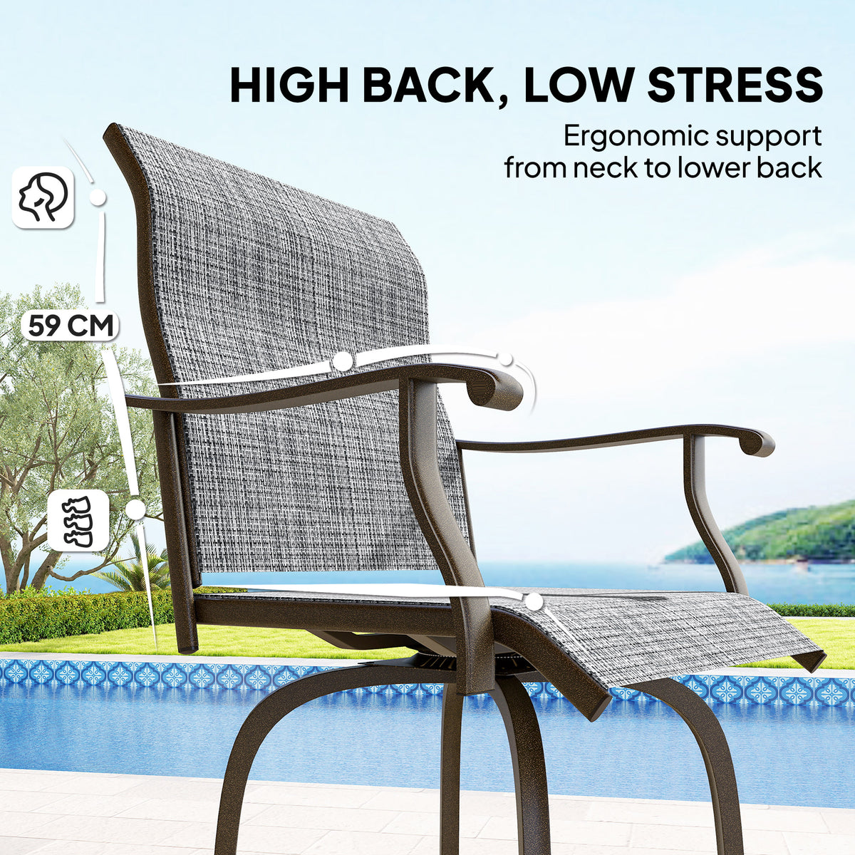 Outdoor Bar Stools Set of 2, Swivel Bar Height Chairs with High Back, Curved Armrests and Steel Frame