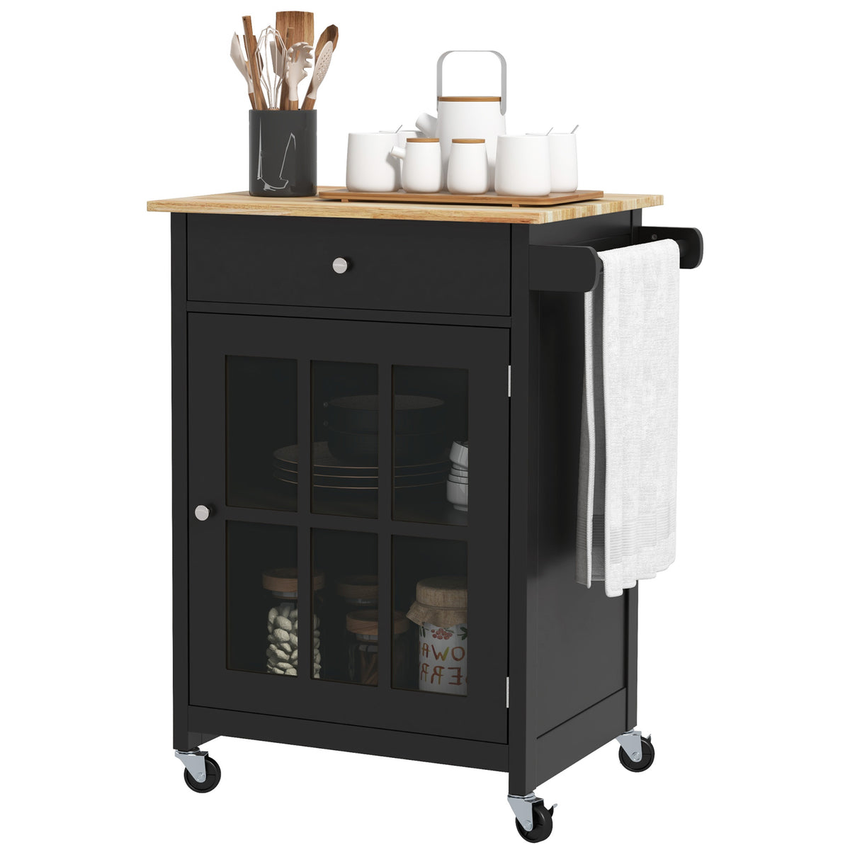 Rolling Kitchen Cart with Drawer and Glass Door Cabinet – 26"W x 34"H