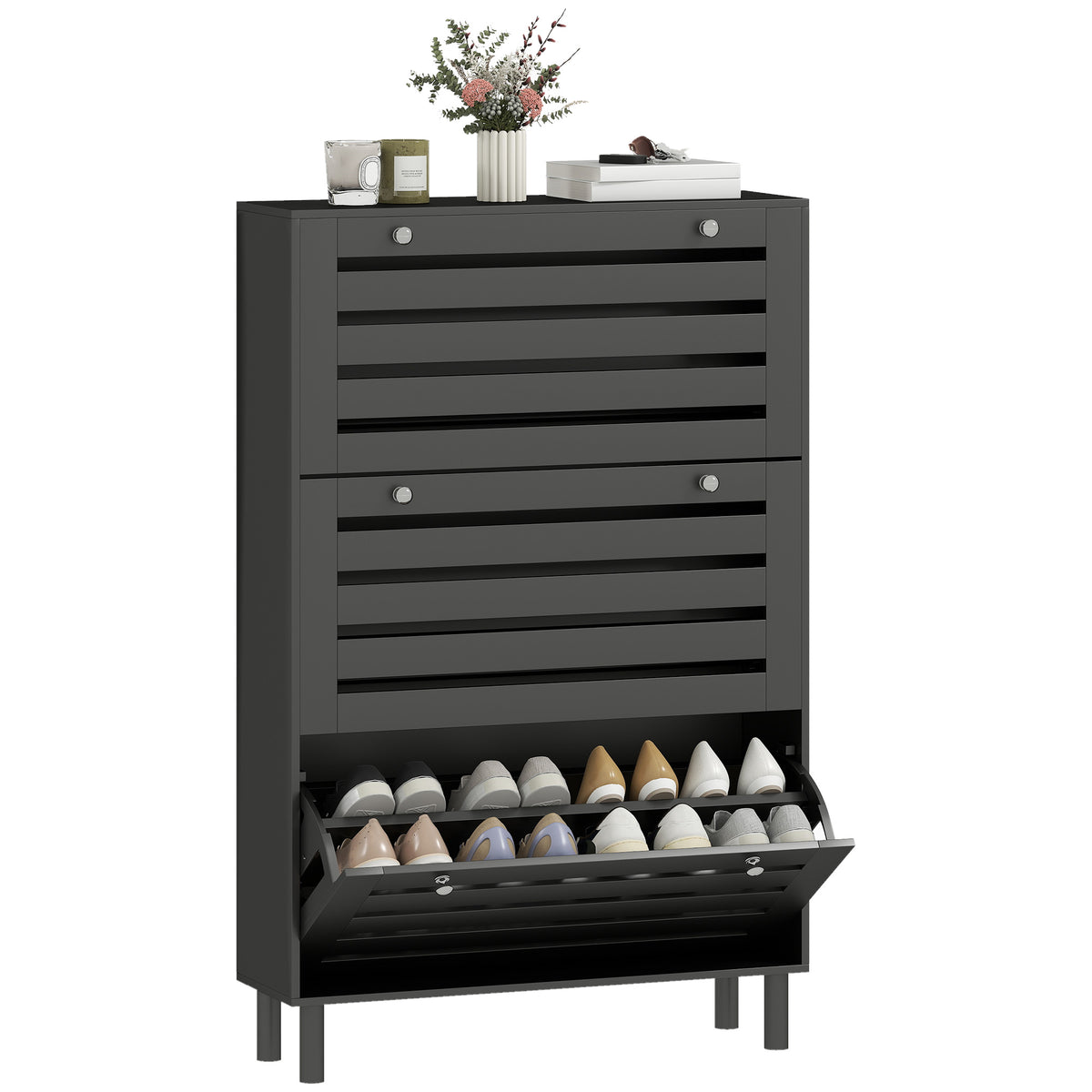 Narrow Shoe Cabinet with 3 Flip Drawers – 31"W x 48"H