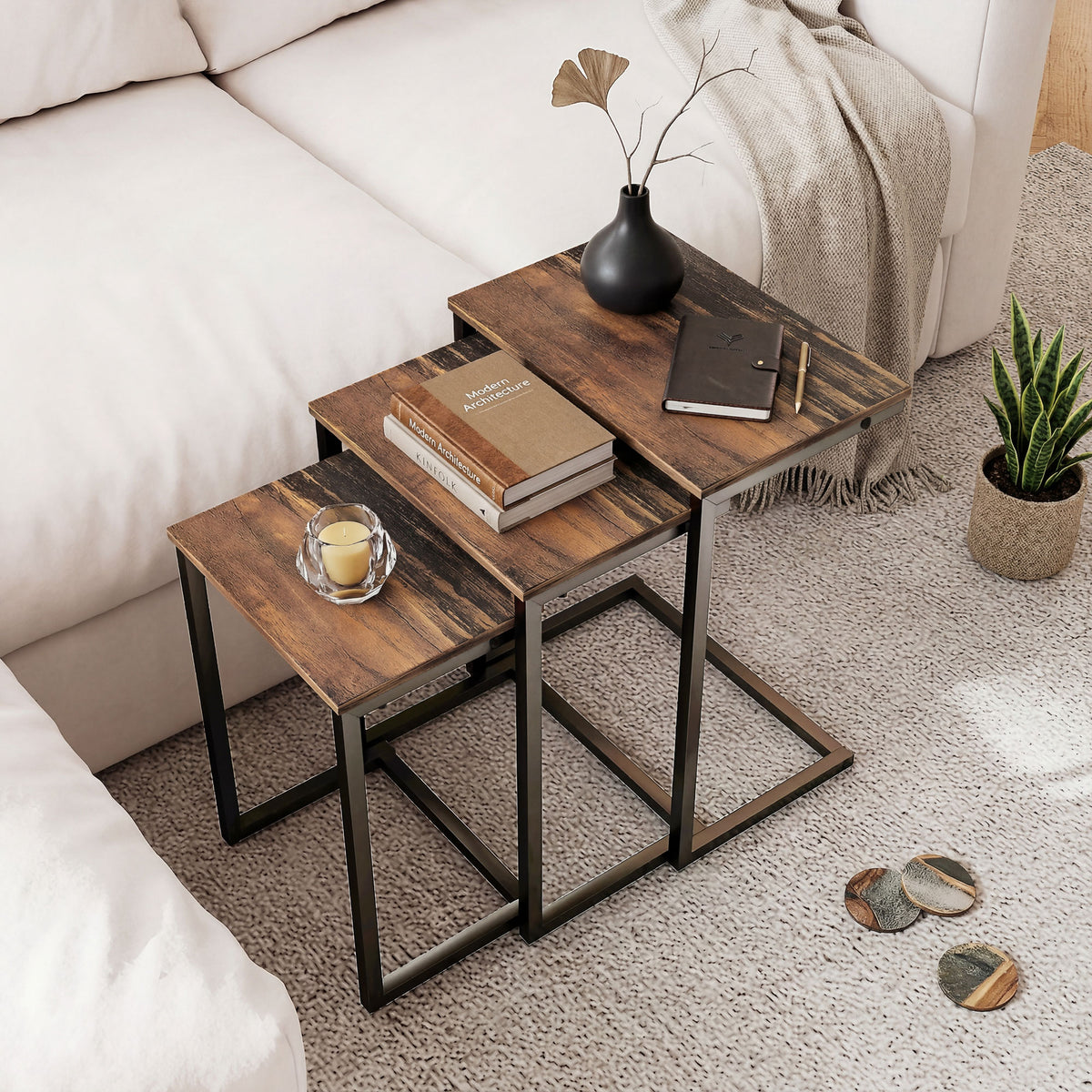 Nesting Side Tables Set of 3 – C-Shaped, Rustic Brown