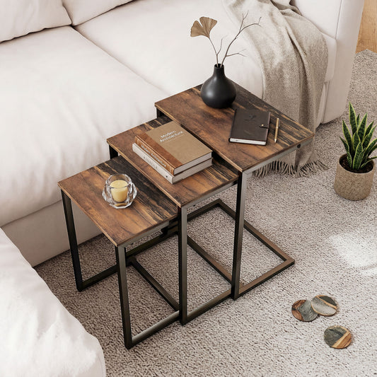 Nesting Side Tables Set of 3 – C-Shaped, Rustic Brown
