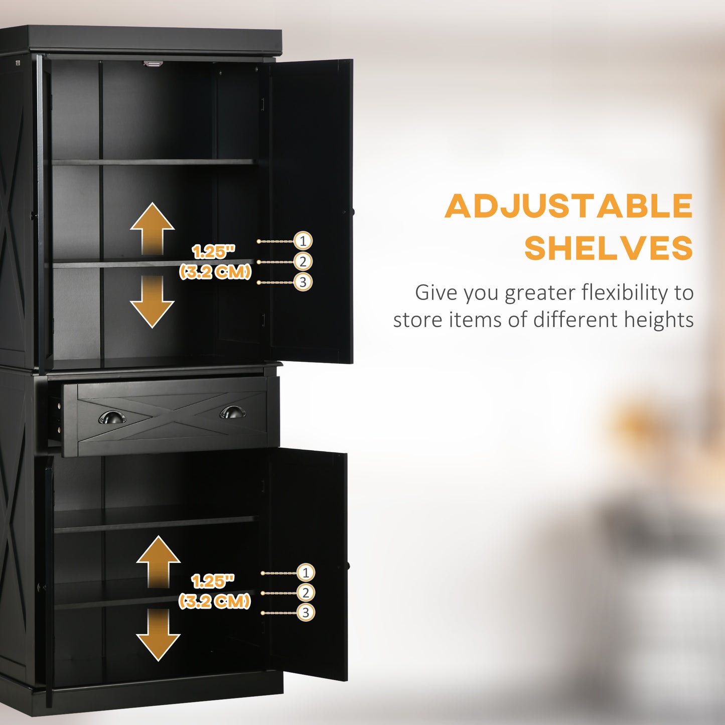 HOMCOM 72.5" Kitchen Pantry Cabinet 4 Doors Drawer Black
