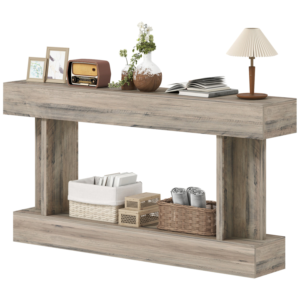 63" Long Vintage Console Table with Storage Shelf, Light Brown