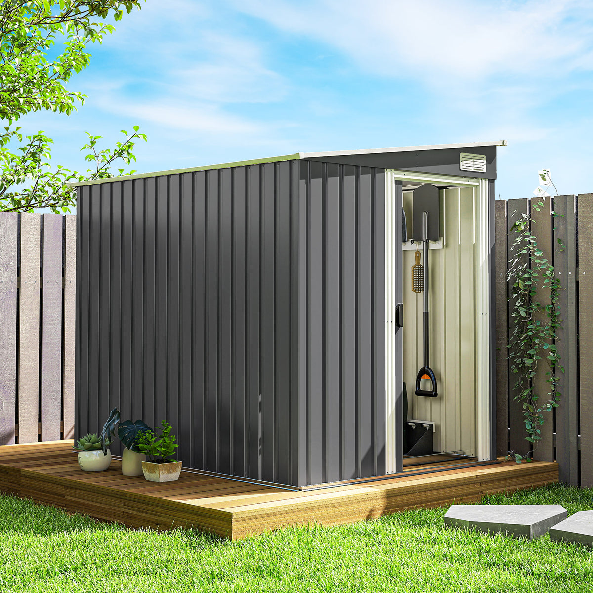 5'x7' Lean to Metal Garden Shed with Foundation, Outdoor Tool Shed with Sliding Door and 2 Vents – Dark Grey