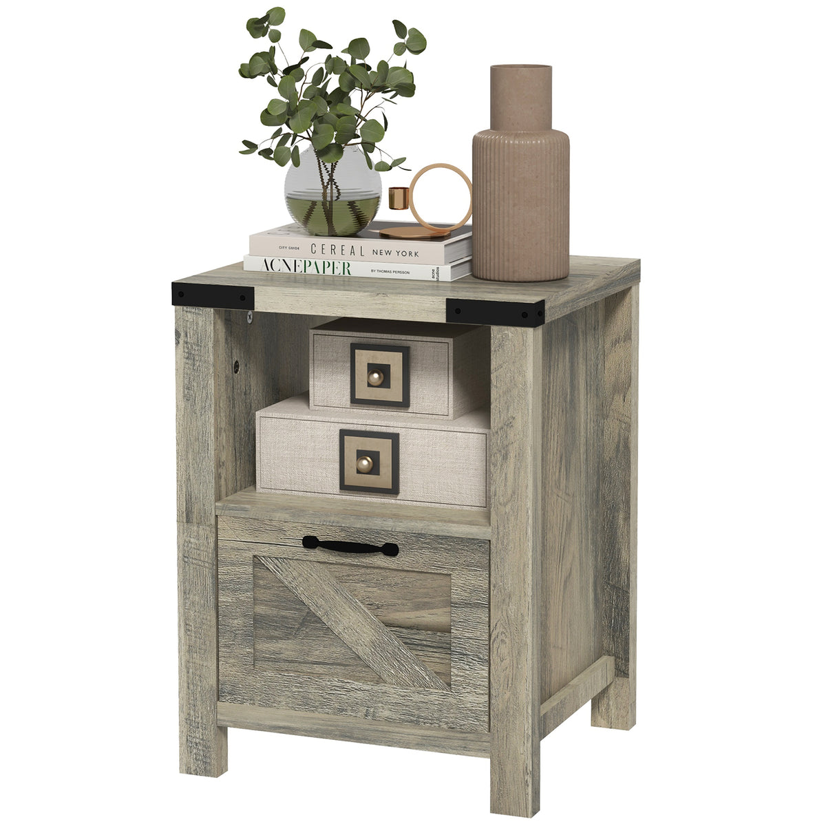 Farmhouse Nightstand with Drawer and Barn-Style Panel – 18"W x 24"H