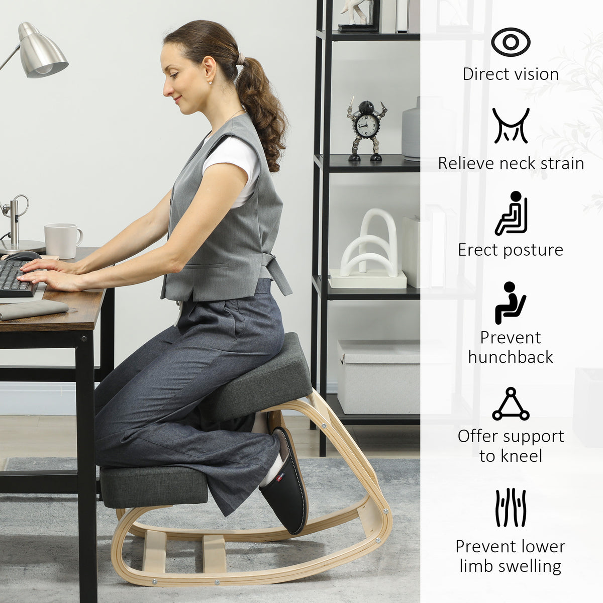 Ergonomic Kneeling Chair, Wood Kneel Stool with Thick Pads, Desk Knee Chair, Dark Grey