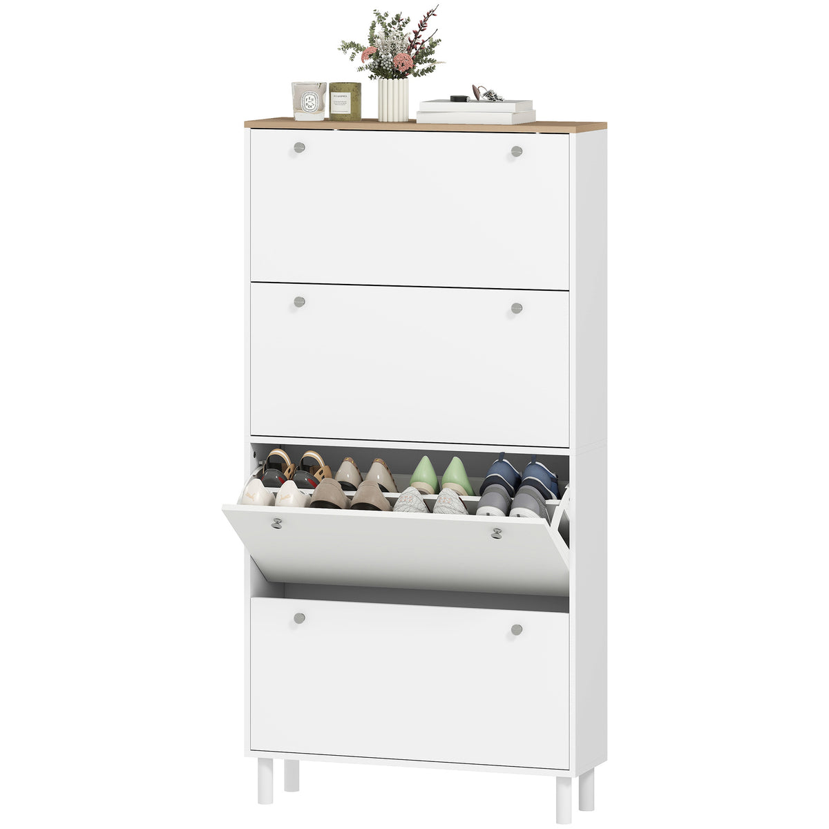 Narrow Shoe Cabinet with 4 Flip Drawers – 31"W x 62"H