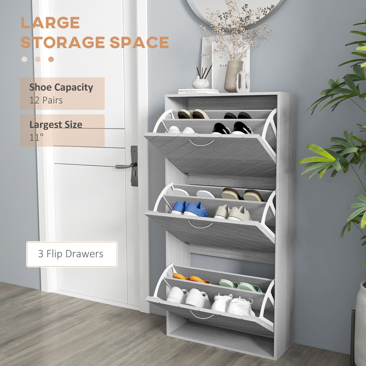 Shoe Storage Cabinet with 3 Flip Drawers – 22"W x 46"H