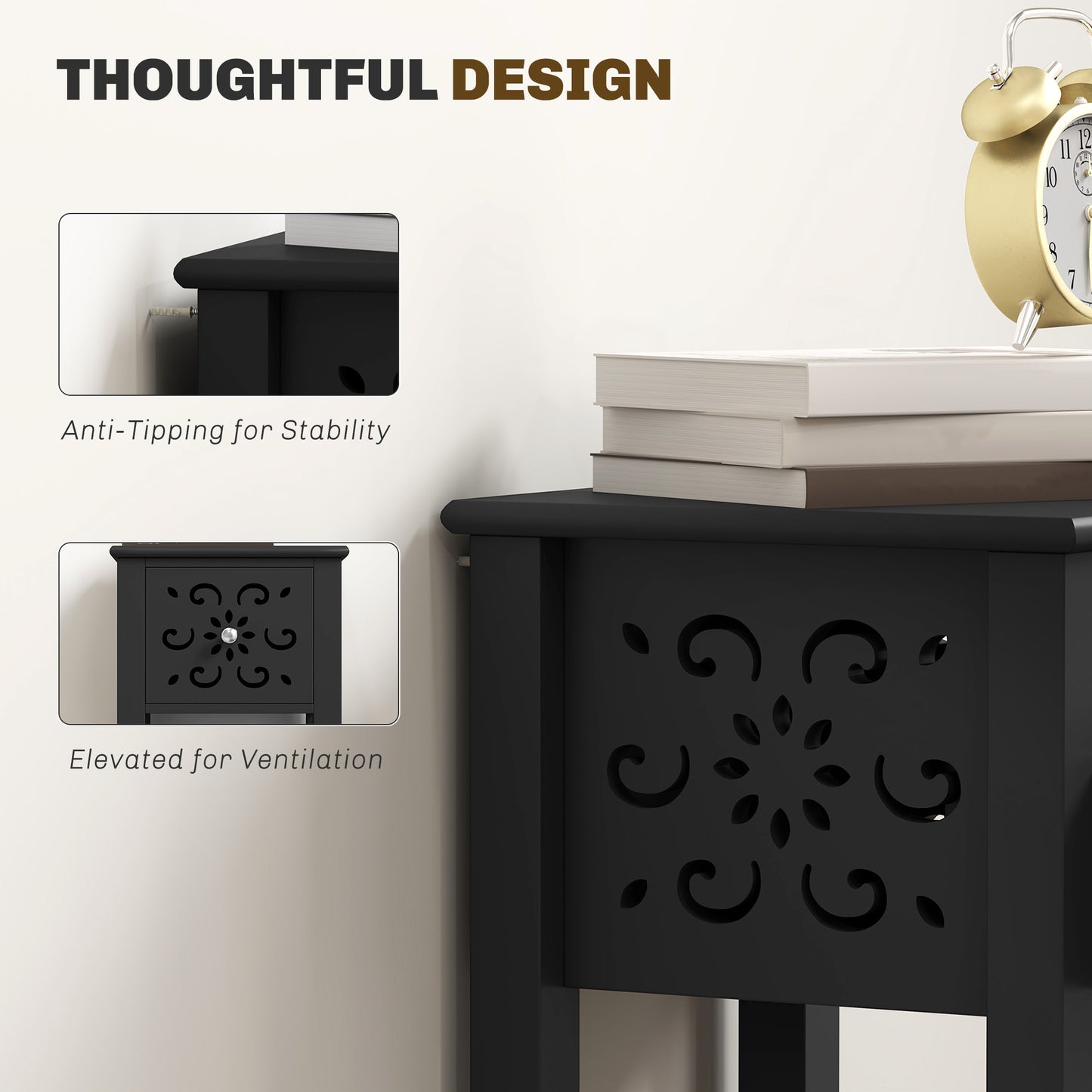 HOMCOM Modern Black Nightstand Set of 2 with Drawer & Open Shelf